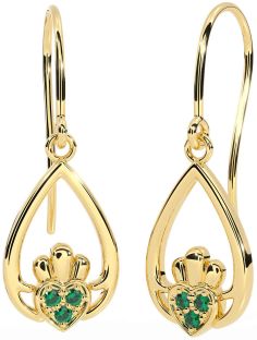 Emerald Gold Claddagh Dangle Earrings