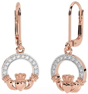 Diamond Rose Gold Silver Claddagh Dangle Earrings