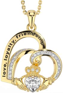 Diamond Gold Silver Celtic Claddagh Heart Irish "Love, Loyalty, & Friendship" Necklace