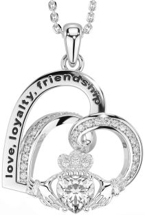 Diamond Silver Celtic Claddagh Heart Irish "Love, Loyalty, & Friendship" Necklace