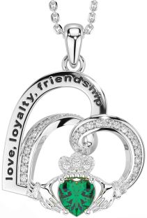 Diamond Emerald White Gold Celtic Claddagh Heart Irish "Love, Loyalty, & Friendship" Necklace