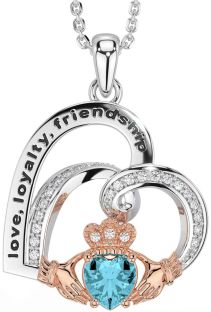 Diamond Aquamarine White Rose Gold Celtic Claddagh Heart Irish "Love, Loyalty, & Friendship" Necklace