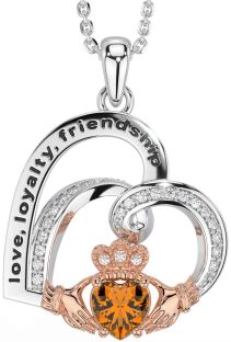 Diamond Citrine White Rose Gold Celtic Claddagh Heart Irish "Love, Loyalty, & Friendship" Necklace