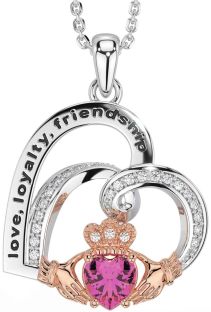 Diamond Pink Tourmaline White Rose Gold Celtic Claddagh Heart Irish "Love, Loyalty, & Friendship" Necklace