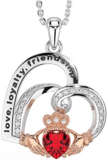 Diamond Ruby White Rose Gold Celtic Claddagh Heart Irish "Love, Loyalty, & Friendship" Necklace