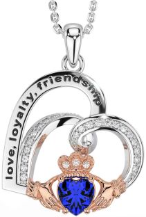 Diamond Sapphire White Rose Gold Celtic Claddagh Heart Irish "Love, Loyalty, & Friendship" Necklace