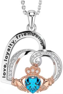 Diamond Topaz White Rose Gold Celtic Claddagh Heart Irish "Love, Loyalty, & Friendship" Necklace