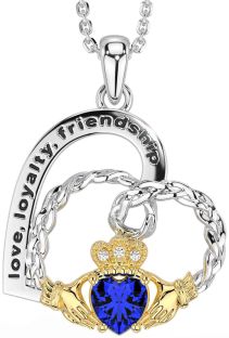 Diamond Sapphire Gold Silver Celtic Claddagh Heart Irish "Love, Loyalty, & Friendship" Necklace
