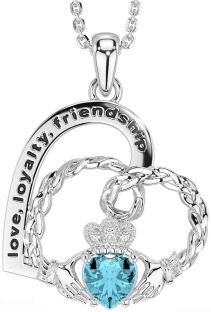 Diamond Aquamarine Silver Celtic Claddagh Heart Irish "Love, Loyalty, & Friendship" Necklace