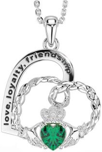Diamond Emerald Silver Celtic Claddagh Heart Irish "Love, Loyalty, & Friendship" Necklace