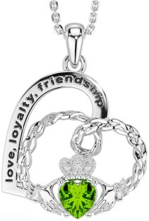 Diamond Peridot Silver Celtic Claddagh Heart Irish "Love, Loyalty, & Friendship" Necklace