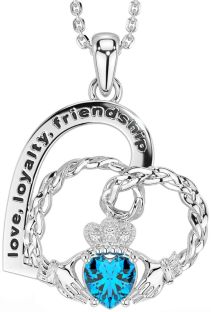 Diamond Topaz Silver Celtic Claddagh Heart Irish "Love, Loyalty, & Friendship" Necklace