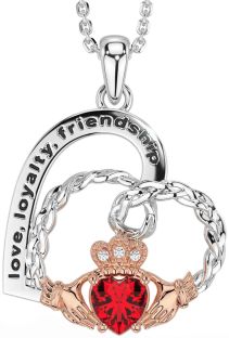Diamond Ruby Rose Gold Silver Celtic Claddagh Heart Irish "Love, Loyalty, & Friendship" Necklace