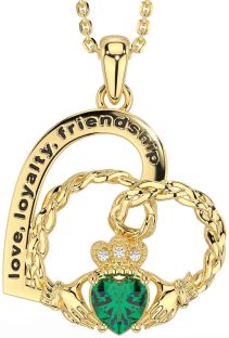 Diamond Emerald Gold Celtic Claddagh Heart Irish "Love, Loyalty, & Friendship" Necklace