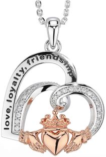 Diamond White Rose Gold Celtic Claddagh Heart Irish "Love, Loyalty, & Friendship" Necklace