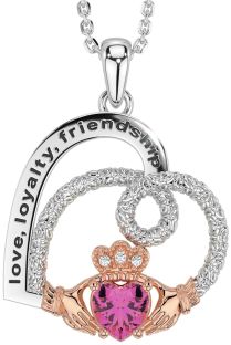 Diamond Pink Tourmaline Rose Gold Silver Celtic Claddagh Heart Irish "Love, Loyalty, & Friendship" Necklace