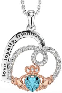 Diamond Aquamarine Rose Gold Silver Celtic Claddagh Heart Irish "Love, Loyalty, & Friendship" Necklace