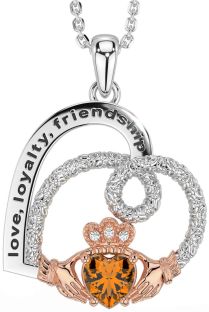 Diamond Citrine Rose Gold Silver Celtic Claddagh Heart Irish "Love, Loyalty, & Friendship" Necklace