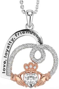 Diamond Rose Gold Silver Celtic Claddagh Heart Irish "Love, Loyalty, & Friendship" Necklace