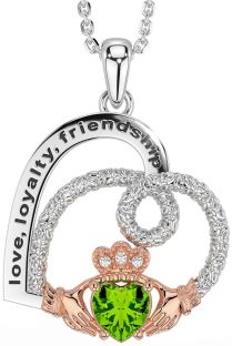 Diamond Peridot Rose Gold Silver Celtic Claddagh Heart Irish "Love, Loyalty, & Friendship" Necklace