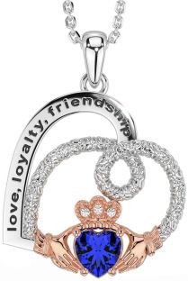 Diamond Sapphire Rose Gold Silver Celtic Claddagh Heart Irish "Love, Loyalty, & Friendship" Necklace