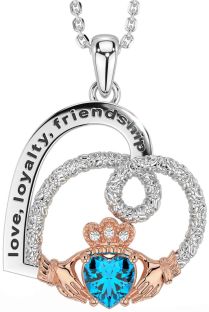 Diamond Topaz Rose Gold Silver Celtic Claddagh Heart Irish "Love, Loyalty, & Friendship" Necklace