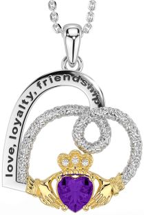 Diamond Amethyst Gold Silver Celtic Claddagh Heart Irish "Love, Loyalty, & Friendship" Necklace
