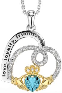 Diamond Aquamarine Gold Silver Celtic Claddagh Heart Irish "Love, Loyalty, & Friendship" Necklace