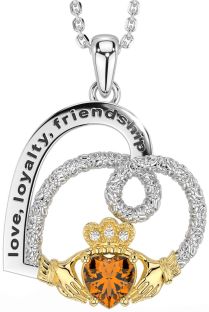 Diamond Citrine Gold Silver Celtic Claddagh Heart Irish "Love, Loyalty, & Friendship" Necklace