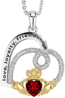Diamond Garnet Gold Silver Celtic Claddagh Heart Irish "Love, Loyalty, & Friendship" Necklace