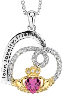 Diamond Pink Tourmaline Gold Silver Celtic Claddagh Heart Irish "Love, Loyalty, & Friendship" Necklace