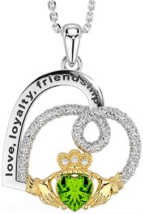 Diamond Peridot Gold Silver Celtic Claddagh Heart Irish "Love, Loyalty, & Friendship" Necklace