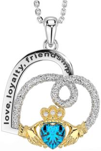 Diamond Topaz Gold Silver Celtic Claddagh Heart Irish "Love, Loyalty, & Friendship" Necklace