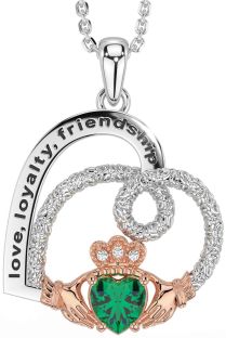 Diamond Emerald White Rose Gold Celtic Claddagh Heart Irish "Love, Loyalty, & Friendship" Necklace