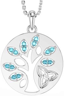 Aquamarine Silver Celtic Tree of Life Trinity Knot Necklace
