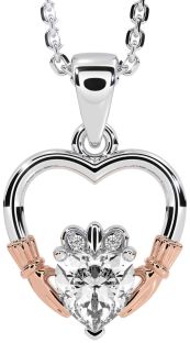 Diamond Rose Gold Silver Claddagh Heart Necklace