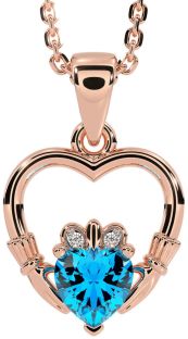 Diamond Topaz Rose Gold Silver Claddagh Heart Necklace