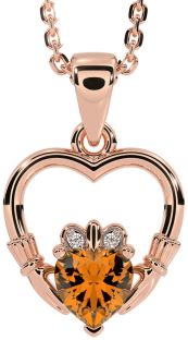 Diamond Citrine Rose Gold Claddagh Heart Necklace
