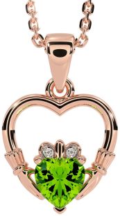 Diamond Peridot Rose Gold Claddagh Heart Necklace