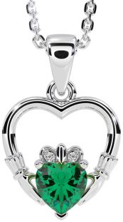 Diamond Emerald Silver Claddagh Heart Necklace