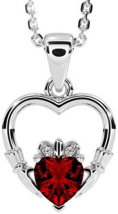 Diamond Garnet Silver Claddagh Heart Necklace