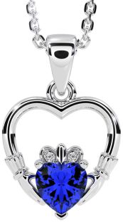 Diamond Sapphire Silver Claddagh Heart Necklace