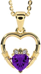 Diamond Amethyst Gold Claddagh Heart Necklace