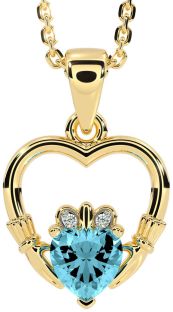 Diamond Aquamarine Gold Claddagh Heart Necklace
