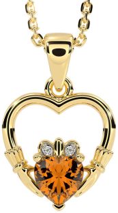 Diamond Citrine Gold Claddagh Heart Necklace
