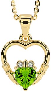 Diamond Peridot Gold Claddagh Heart Necklace