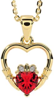 Diamond Ruby Gold Claddagh Heart Necklace