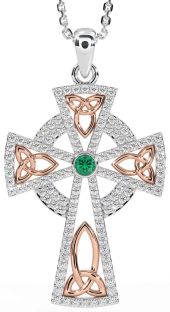 Diamond Emerald Rose Gold Silver Celtic Cross Trinity Knot Necklace