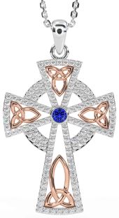 Diamond Sapphire Rose Gold Silver Celtic Cross Trinity Knot Necklace