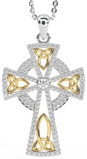 Diamond Gold Silver Celtic Cross Trinity Knot Necklace